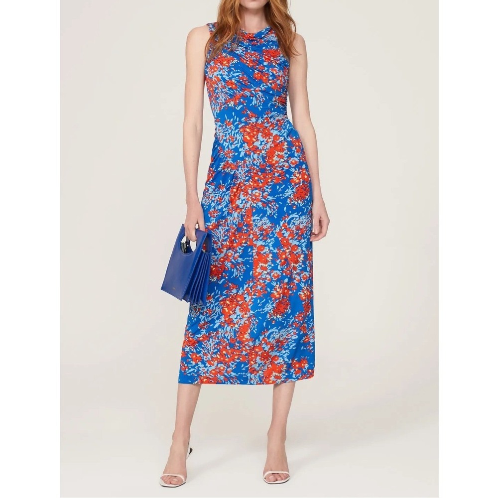 Atlein Collective Ruched Floral Midi Dress Blue Red Orange Sleeveless Size M